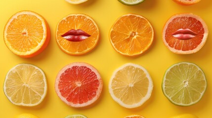 Obraz premium Colorful fruit slices with lips on yellow background Expression in modern art collage