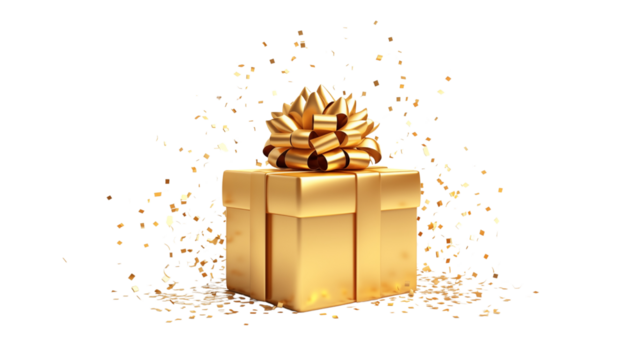 Golden gift box with confetti transparent background.