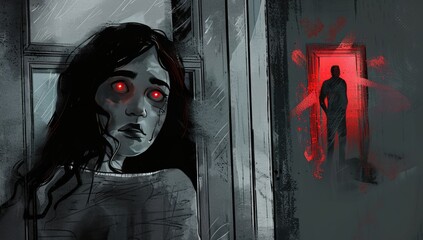 Illustrated Suspenseful Scene with Red Glow