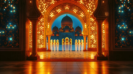 Obraz premium Elegant archway view with intricate lighting leading to an illuminated grand mosque at dusk.