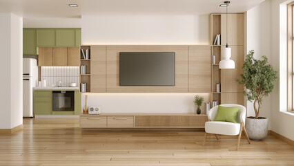 TV cabinet and back green kitchen counter in modern minimal room. 3D illustration