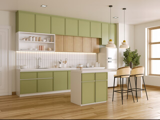 Kitchen room interior with Bright green and cozy modern, Dining room interior.3D illustration