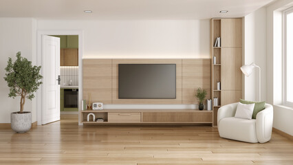 Mockup  TV wall mounted with wood shelf and white armchair in modern minimal room.