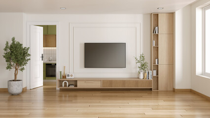 TV cabinet and white wall with wood shelf in modern minimal room. 3D illustration