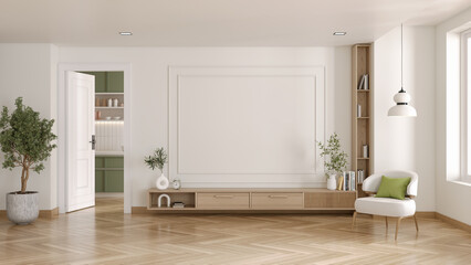 Modern living room interior and White color wall and white armchair on wood floor .3D illustration