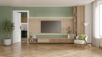 Modern living room interior and Green color wall and white armchair on wood floor .3D illustration