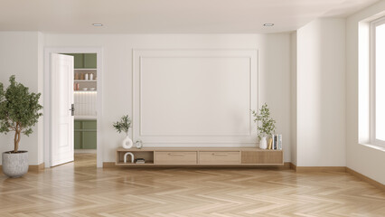 TV cabinet and white wall with wood shelf in modern minimal room. 3D illustration