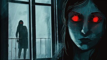 Illustrated Suspenseful Scene with Red Glow