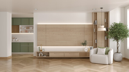 Mockup  TV wall mounted and back green kitchen counter in modern minimal room. 3D illustration