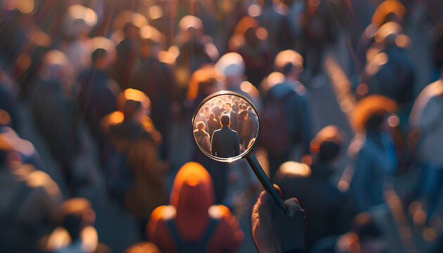 Businessman is studying a crowd of people with a magnifying glass. Hr search candidates for work, staff recruiting
