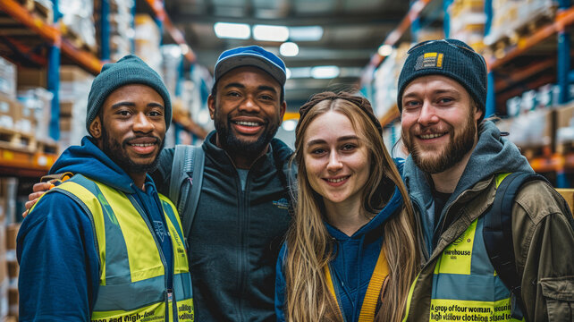 Diverse Warehouse Team Celebrating Unity and Teamwork
