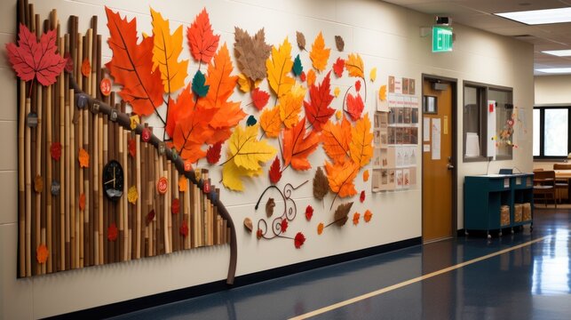 Colorful Autumn-Themed School Hallway Decorated with Vibrant Fall Leaves and Seasonal Artwork