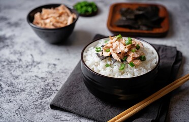 Rice bowl with salmon flakes, nori and scallion