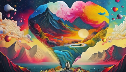 カラフルでいびつなハートのある精神世界　AI画像　ジェネレーティブAI