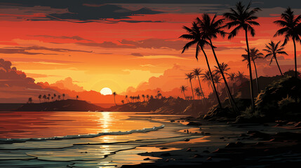 A palm tree silhouette against the sunset