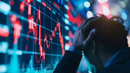 Stressed trader holding head in front of declining stock market charts with red and blue graphics, representing financial loss and market volatility.