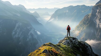 A hiker, standing on a mountaintop, with a breathtaking view of a valley bathed in morning light Soft light, misty mountains, focus on the sense of peace and awe