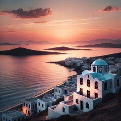 Fototapeta premium Breathtaking sunset over Santorini with picturesque white buildings and ocean view