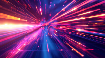 Fototapeta premium Vibrant abstract image illustrating high-speed motion in a digital neon tunnel.