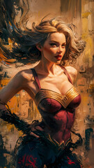 Mesmerizing Abstract Oil Painting of Indian Superheroine: Dynamic, Textured, and Vibrant Fantasy Art. Dressed in indian style of clothing