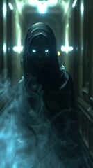 Obraz premium Creepy creature with glowing eyes and a sinister smile. AI.