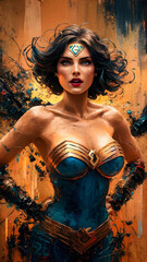 Mesmerizing Abstract Oil Painting of Indian Superheroine: Dynamic, Textured, and Vibrant Fantasy Art. Dressed in indian style of clothing