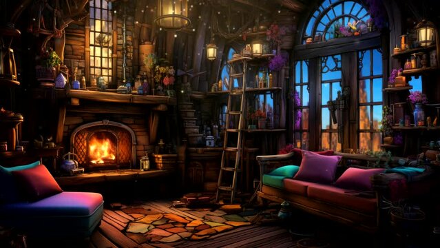 Warm and cozy magical cabin interior with a glowing fireplace and colorful stained glass windows. Enchanted home concept