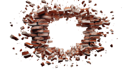 Hole breaking through the brick wall transparent background.