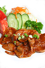 Japanese Ginger Pork (Shogayaki) Stir fried pork with ginger slices and mixed vegetables, Japanese foods style on white background 