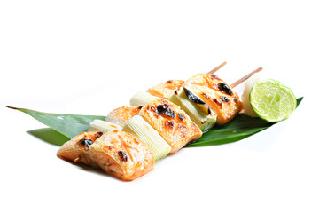 Salmon shio yaki, Salmon toro fin or grilled salmon belly with salt in white background 