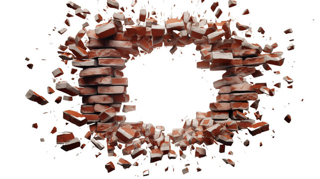 Hole breaking through the brick wall transparent background.