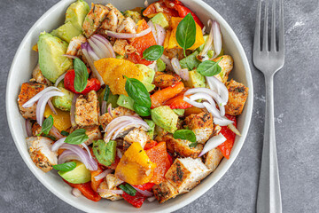Avocado Chicken Salad in a Bowl Directly Above Close Up Photo