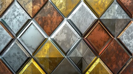 An abstract background with a tessellation of geometric patterns in metallic accents, incorporating diamond shapes in silver, gold, and copper to create a bold, harmonious design.