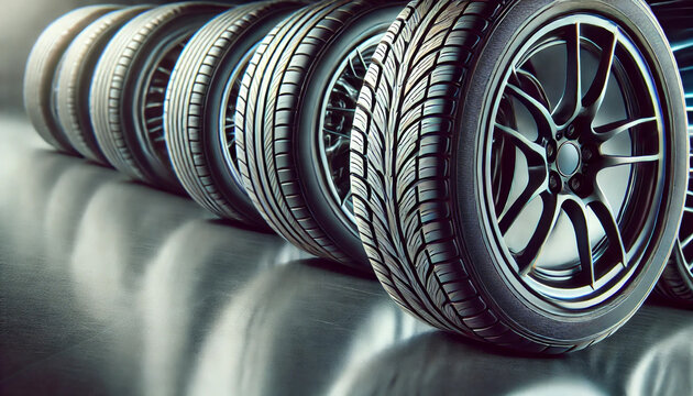 A row of tires are displayed on a counter. The tires are of different sizes and colors. Concept of variety and choice, as the viewer can choose from a range of options