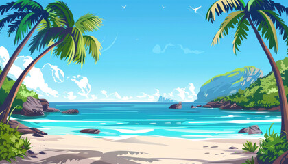 Fototapeta premium A serene tropical beach scene with clear blue water, white sand, palm trees, and lush green mountains in the distance.