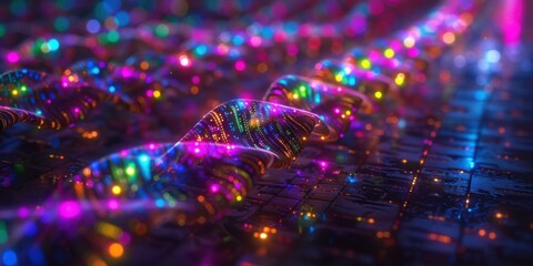 Fototapeta premium Glowing 3D rendering of a DNA helix. AI.