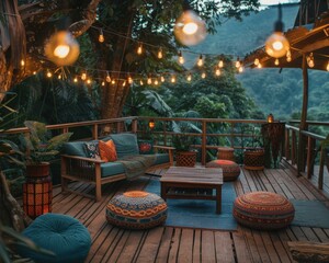 A cozy bohemian-style outdoor living space with a seating area and colorful pillows. AI.