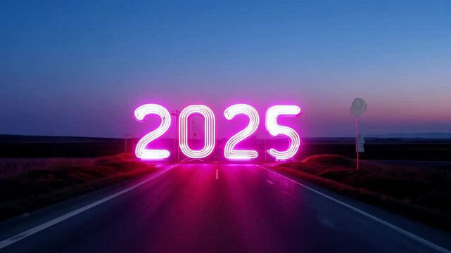 Neon 2025 sign on the road to future in early morning