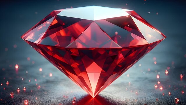 shiny bright big transparent red diamond gemstone in an abstract dark fantasy background