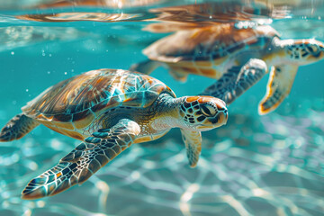 Fototapeta premium Two sea turtles swim gracefully through clear turquoise water.