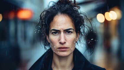 Fototapeta premium Portrait of a serious-looking woman with wet hair and raindrops on her face. AI.