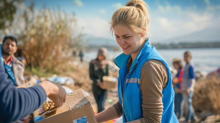 Fototapeta premium Volunteer in blue vest distributes food to refugees.