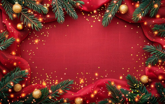 Christmas background with xmas tree and sparkle bokeh lights on red canvas background. Merry christmas card. Winter holiday theme. Happy New Year. Space for text