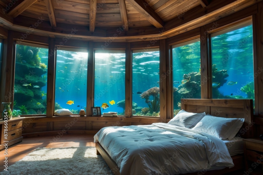 Canvas Prints A bedroom with a large aquarium window. AI.