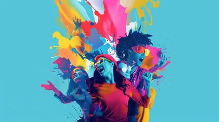 Joyful people surrounded by colorful paint splashes.