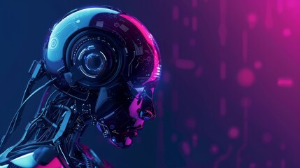 An advanced AI robot illuminated by vivid pink and blue neon lights, embracing a cyberpunk aesthetic