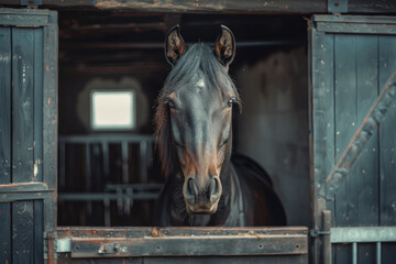 a photo of a black horse standing in a summer stable and looking straight into a camera