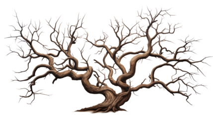 Majestic isolated leafless tree with gnarled branches and twisted trunk transparent background.