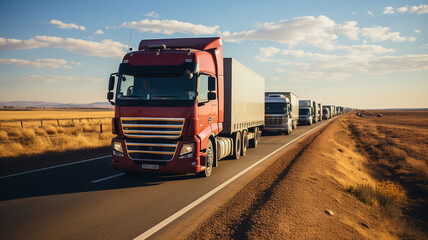 Caravan or convoy of trucks in line on a country highway