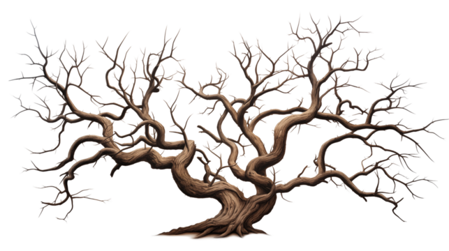 Majestic isolated leafless tree with gnarled branches and twisted trunk transparent background.